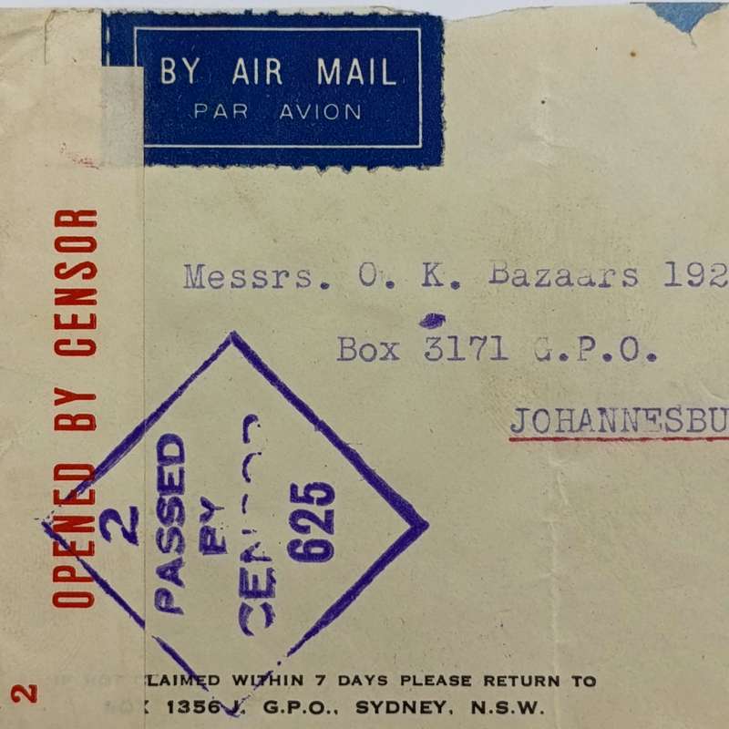 Censor Airmail cover from Sydney Australia to Johannesburg South Africa 7 March 1941