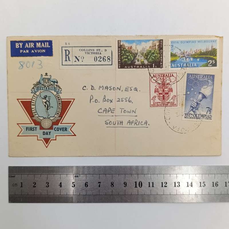 Registered Airmail First day cover from Victoria Australia to Cape Town South Africa 31 October 1956