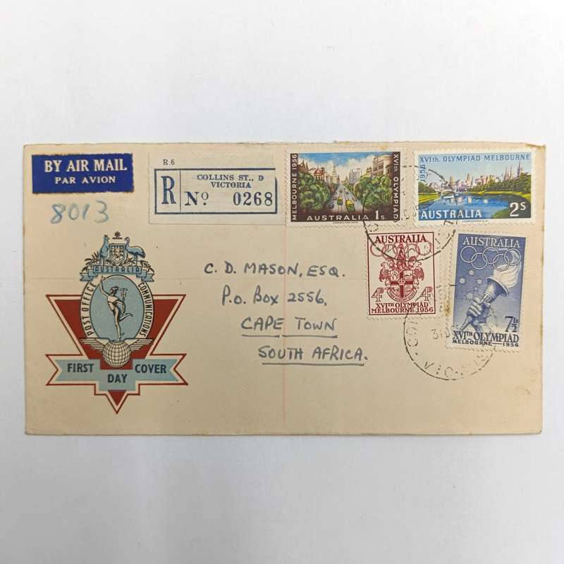 Registered Airmail First day cover from Victoria Australia to Cape Town South Africa 31 October 1956