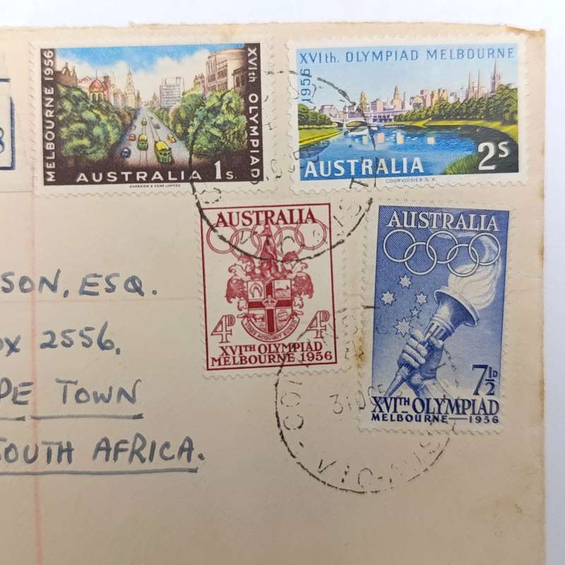 Registered Airmail First day cover from Victoria Australia to Cape Town South Africa 31 October 1956