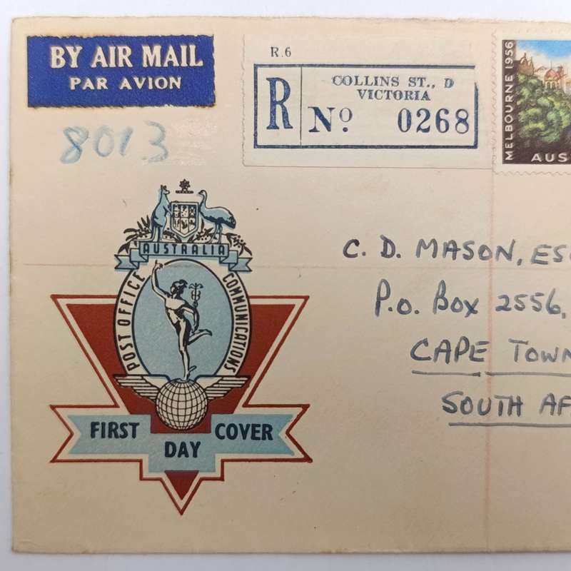 Registered Airmail First day cover from Victoria Australia to Cape Town South Africa 31 October 1956