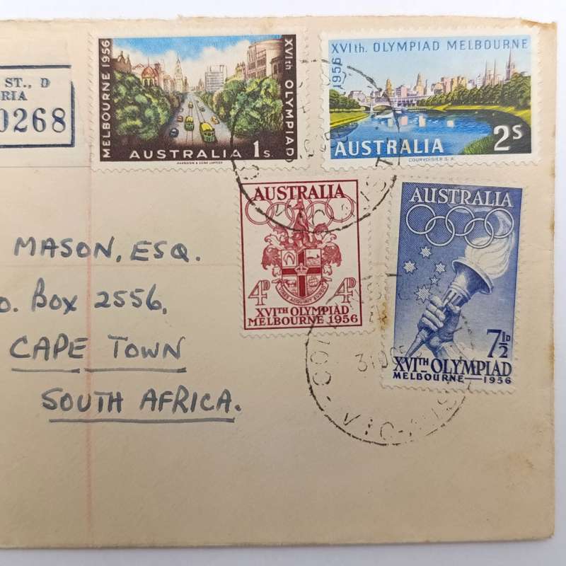 Registered Airmail First day cover from Victoria Australia to Cape Town South Africa 31 October 1956