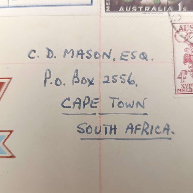 Registered Airmail First day cover from Victoria Australia to Cape Town South Africa 31 October 1956