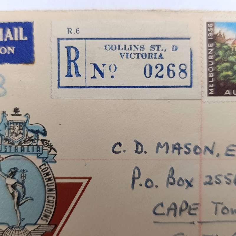 Registered Airmail First day cover from Victoria Australia to Cape Town South Africa 31 October 1956