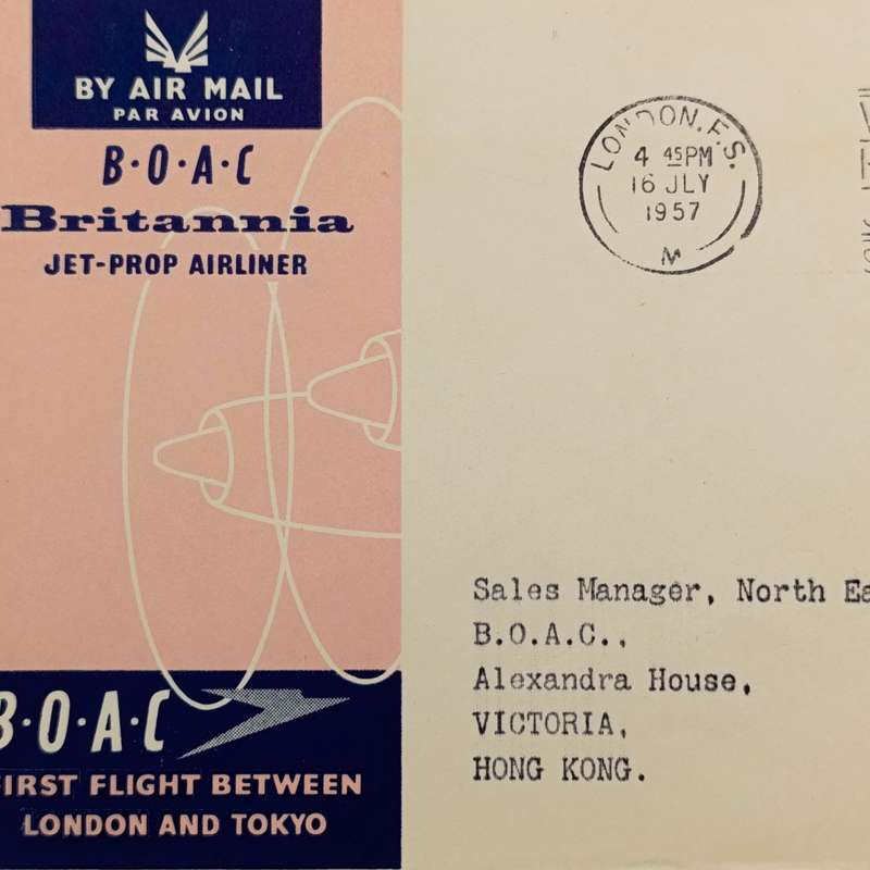 Flight Cover BOAC First Flight between London & Tokyo 16 July 1957 and onwards to Hongkong