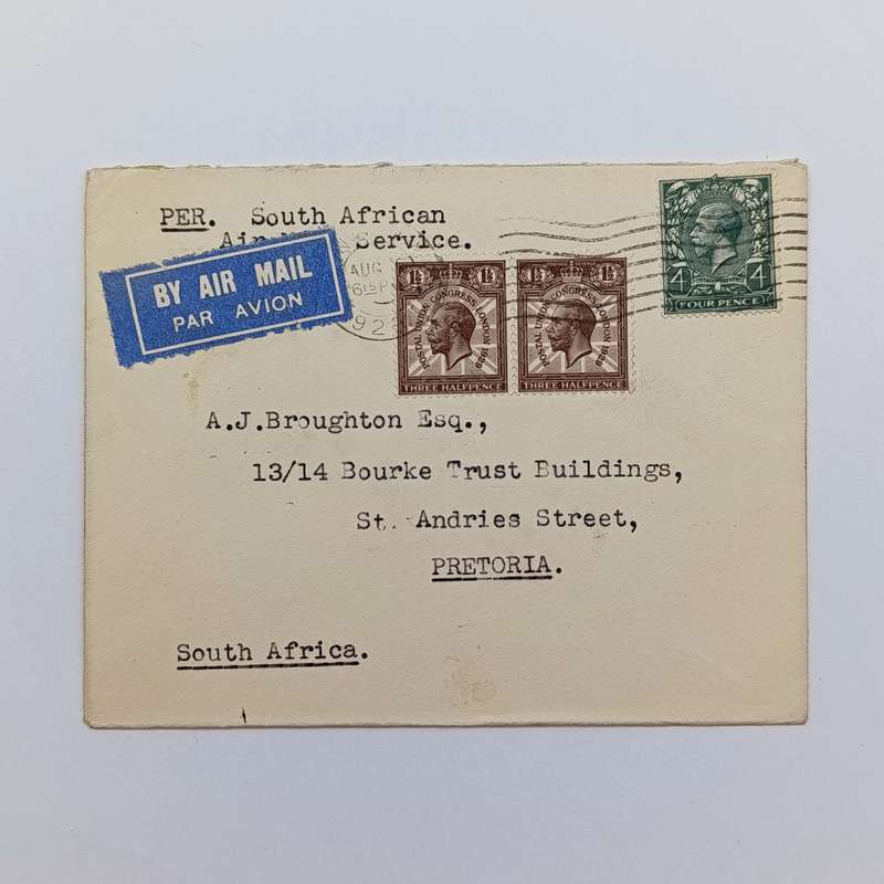 Airmail cover per South African Air Mail service England to Pretoria South Africa August 1929