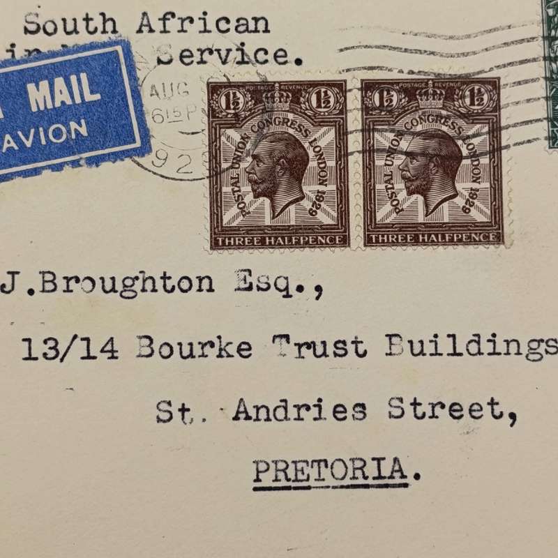 Airmail cover per South African Air Mail service England to Pretoria South Africa August 1929