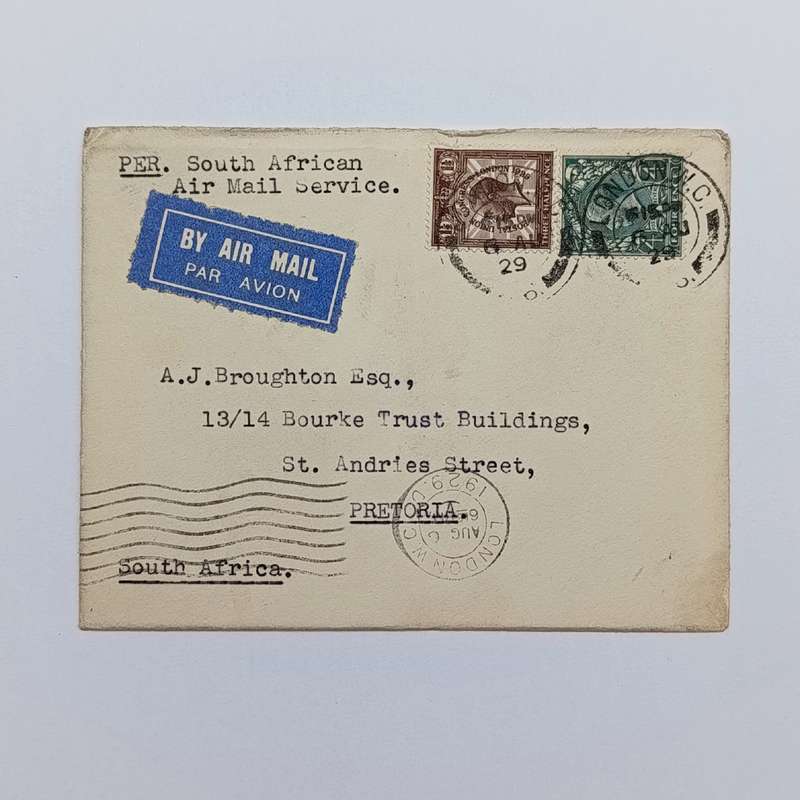 Airmail Cover London to Pretoria South Africa per South African Air Mail Service - 2 British stamps