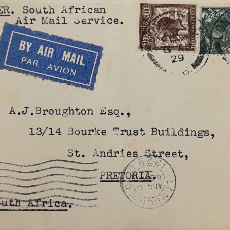Airmail Cover London to Pretoria South Africa per South African Air Mail Service - 2 British stamps