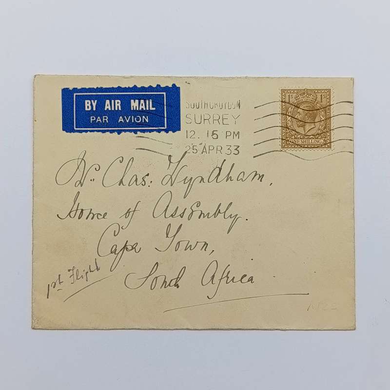 Airmail cover Surrey Great Britain to Cape Town South Africa with one shilling British stamp