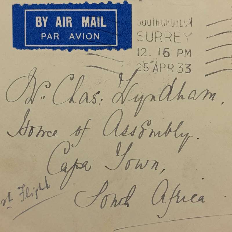 Airmail cover Surrey Great Britain to Cape Town South Africa with one shilling British stamp