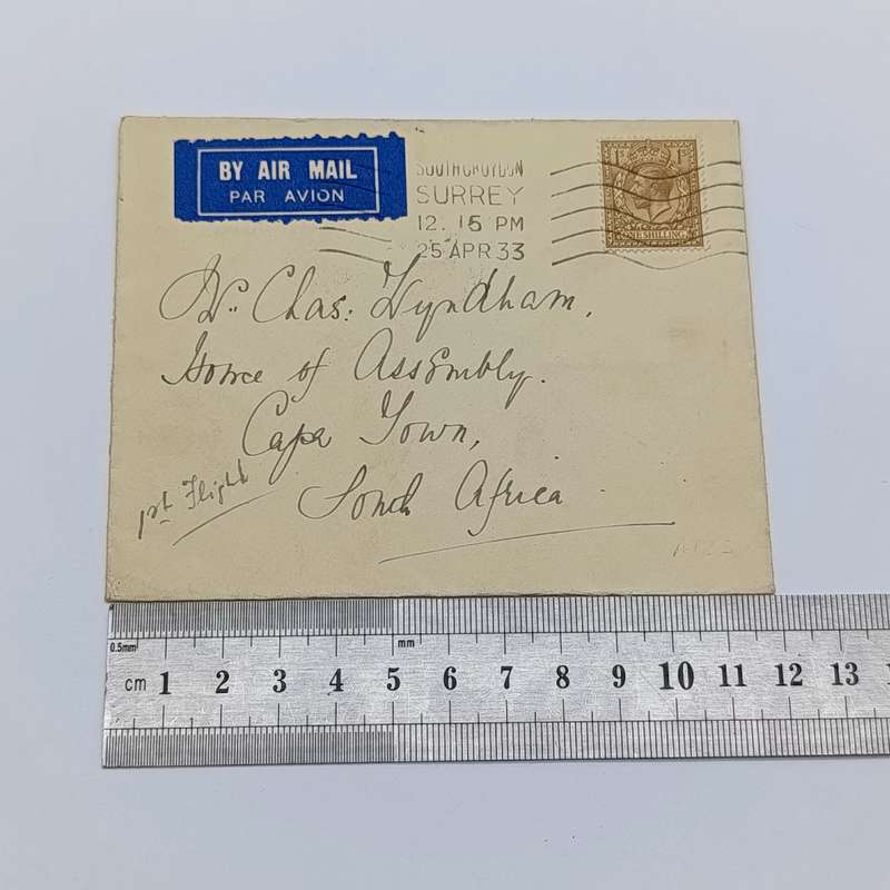 Airmail cover Surrey Great Britain to Cape Town South Africa with one shilling British stamp