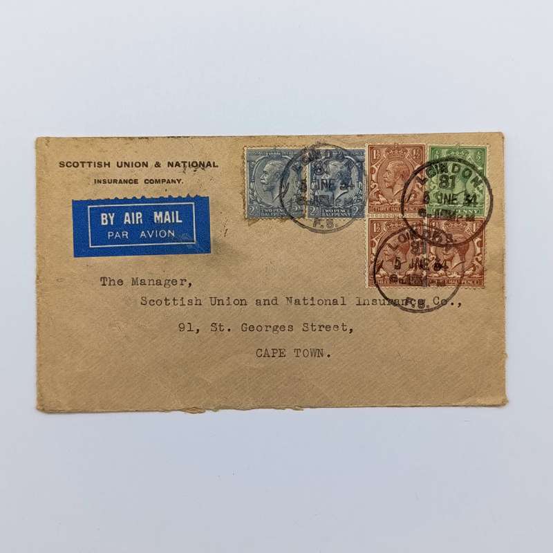 Airmail Cover London to Cape Town with 3 colour British stamps cancelled 5 June 1934