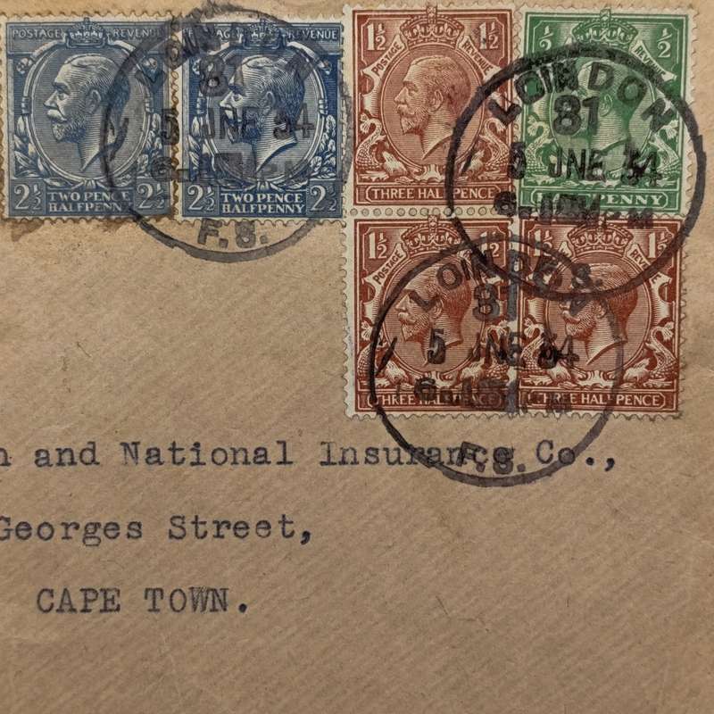 Airmail Cover London to Cape Town with 3 colour British stamps cancelled 5 June 1934