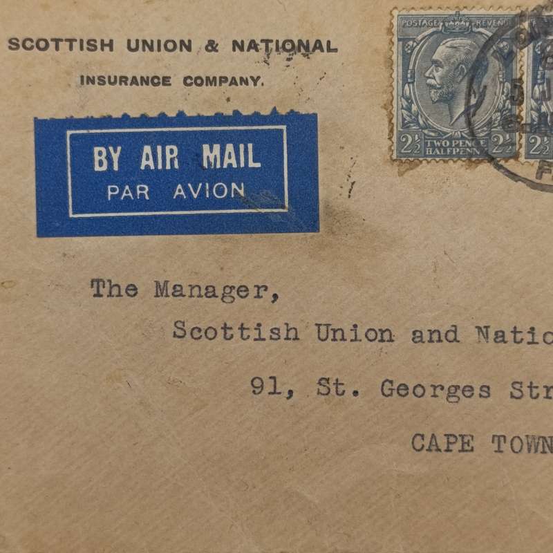 Airmail Cover London to Cape Town with 3 colour British stamps cancelled 5 June 1934