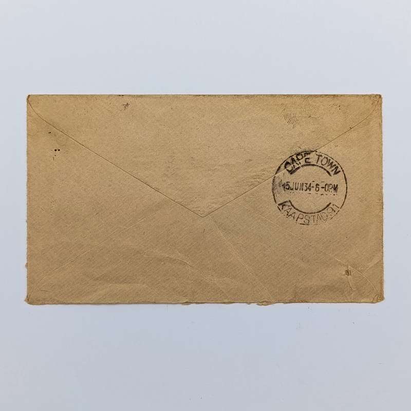 Airmail Cover London to Cape Town with 3 colour British stamps cancelled 5 June 1934