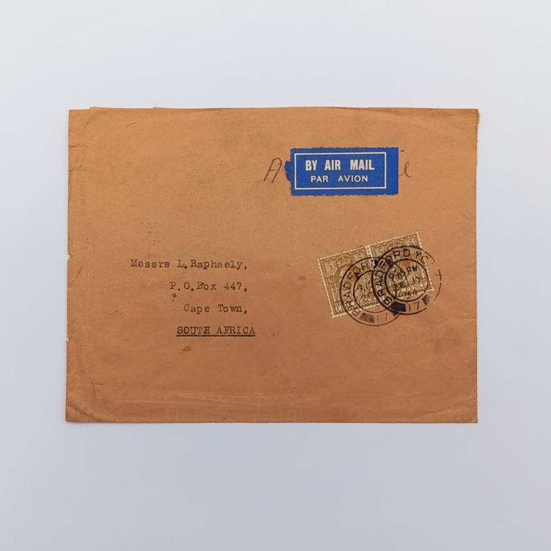 Bradford Great Britain to Cape Town South Africa with 2x British 5 pence stamps cancelled