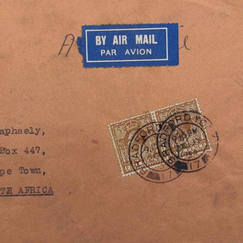 Bradford Great Britain to Cape Town South Africa with 2x British 5 pence stamps cancelled