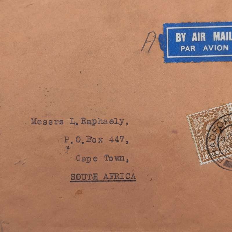 Bradford Great Britain to Cape Town South Africa with 2x British 5 pence stamps cancelled