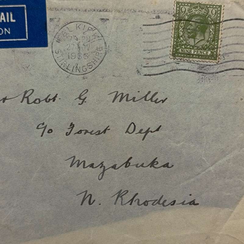 Airmail cover Falkirk Great Britain 27 Jul 1936 to Mazabuka Northern Rhodesia via Broken Hill