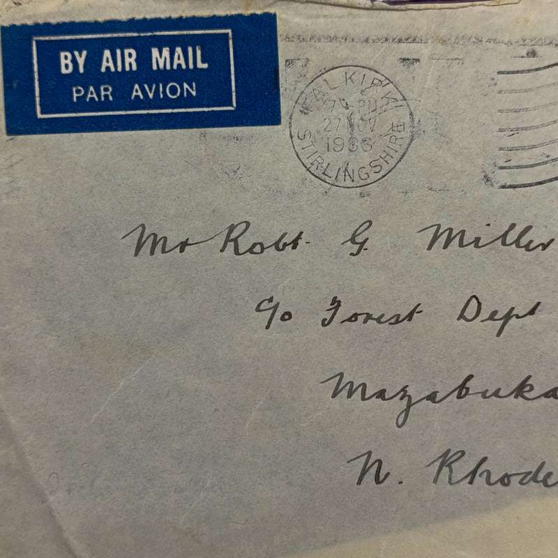 Airmail cover Falkirk Great Britain 27 Jul 1936 to Mazabuka Northern Rhodesia via Broken Hill