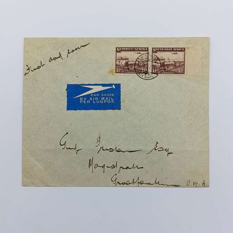 Airmail First day cover South West Africa Windhoek to Grootfontein - SACC 123 pair 1 March 1937