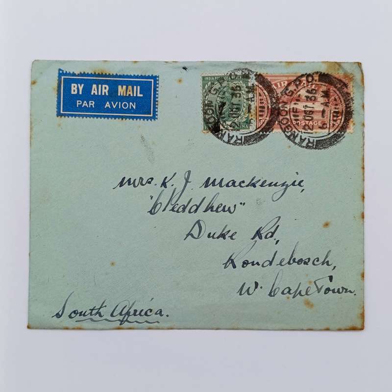 Airmail Cover Rangoon Burma to Rondebosch South Africa with 2 India stamps cancelled 2 Oct 1936