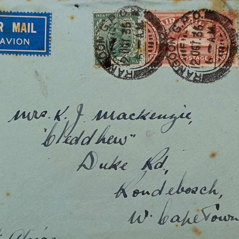 Airmail Cover Rangoon Burma to Rondebosch South Africa with 2 India stamps cancelled 2 Oct 1936