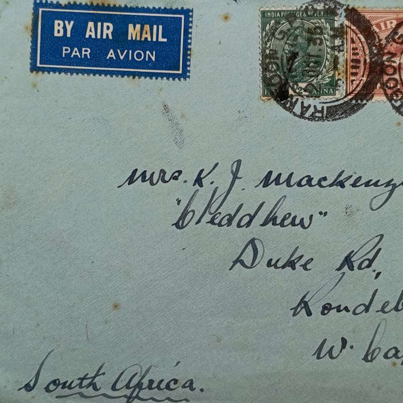 Airmail Cover Rangoon Burma to Rondebosch South Africa with 2 India stamps cancelled 2 Oct 1936