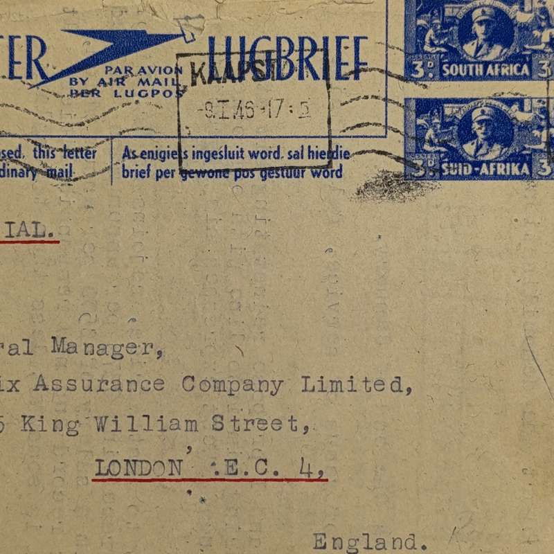 WW2 Air letter used 9 Jan 1946 Cape Town to London with 2 pre-printed 3d stamps