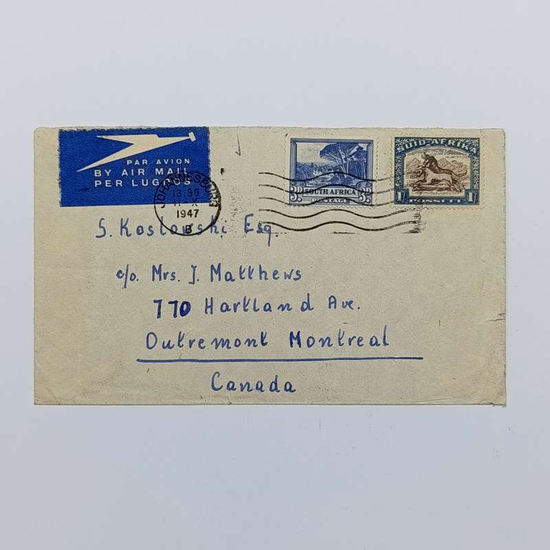 Airmail cover Johannesburg South Africa to Montreal Canada 11 Oct 1947 with 2x South Africa stamps