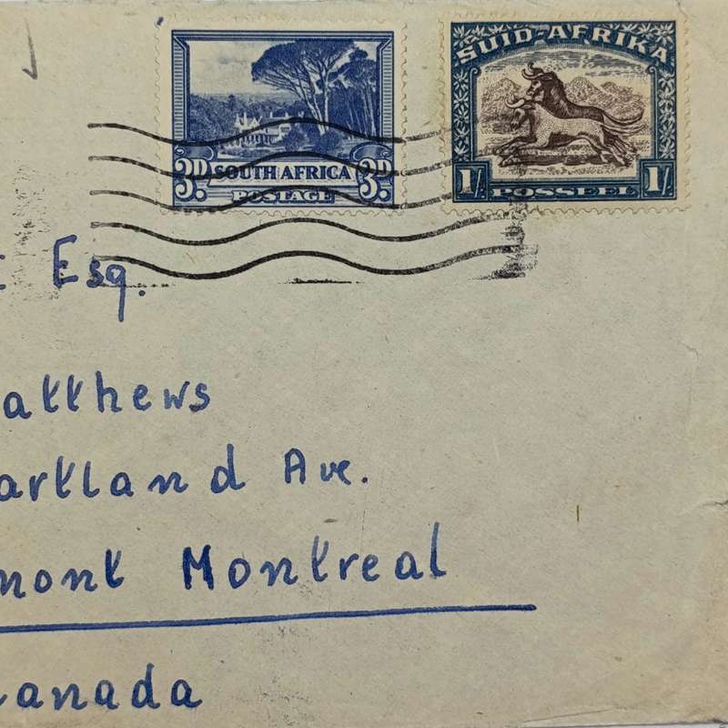 Airmail cover Johannesburg South Africa to Montreal Canada 11 Oct 1947 with 2x South Africa stamps