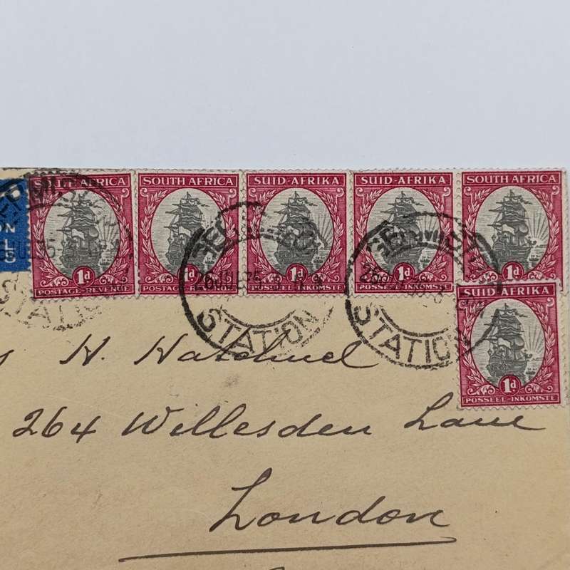 Airmail Cover Germiston Station South Africa to London with 6 x South Africa