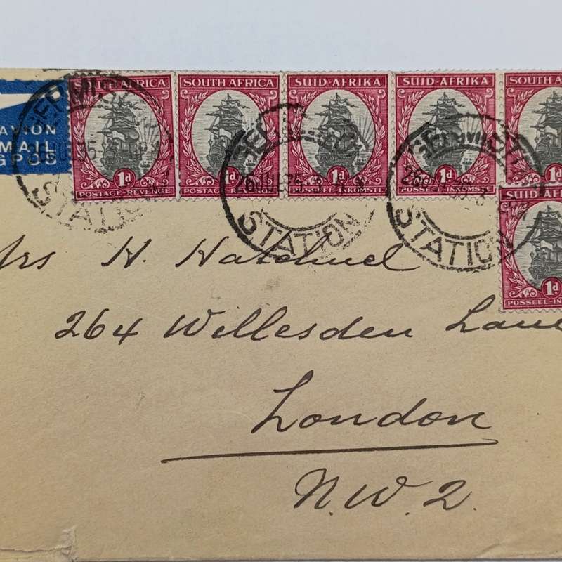 Airmail Cover Germiston Station South Africa to London with 6 x South Africa