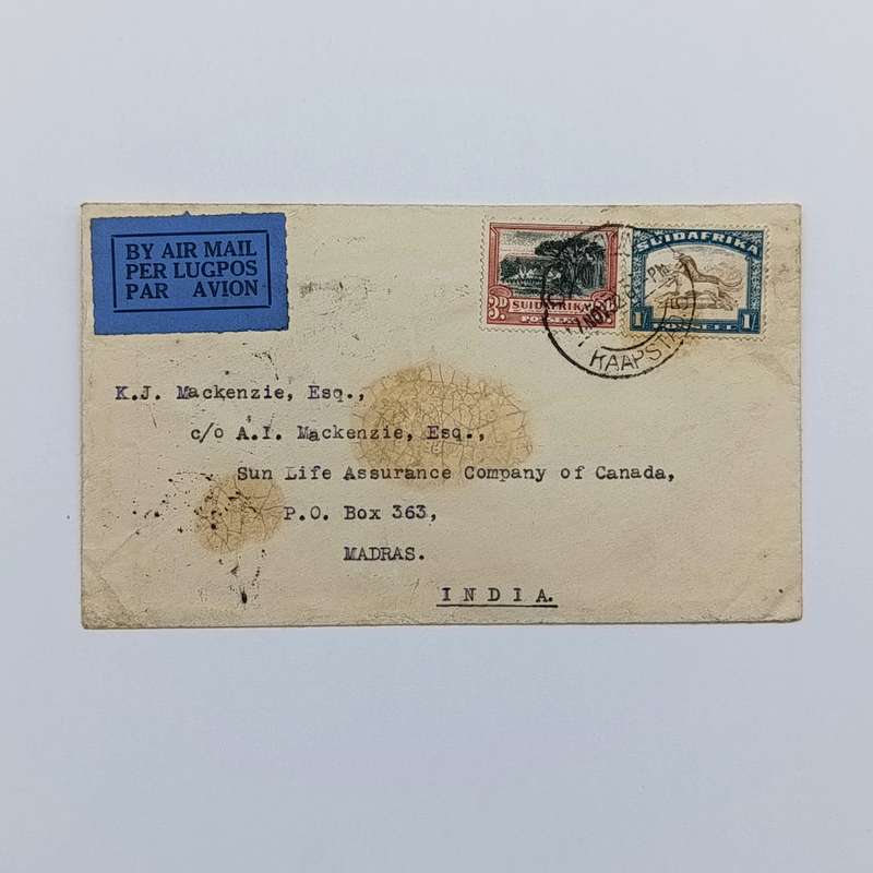 Airmail Cover 17 Nov 1932 Cape Town South Africa to Madras India with 2 South African stamps