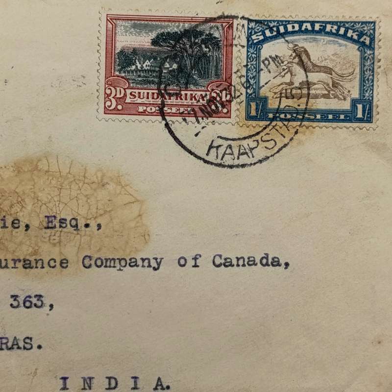 Airmail Cover 17 Nov 1932 Cape Town South Africa to Madras India with 2 South African stamps