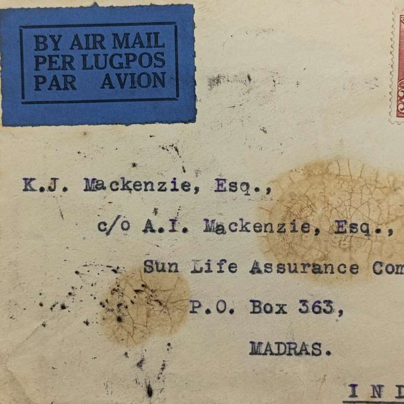 Airmail Cover 17 Nov 1932 Cape Town South Africa to Madras India with 2 South African stamps