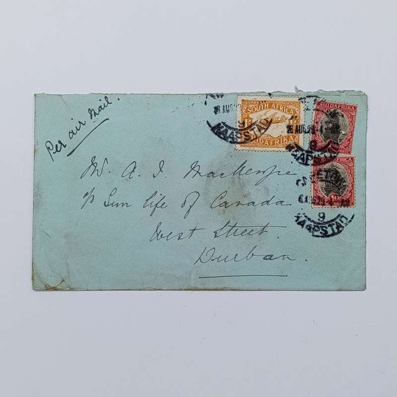 Airmail cover 26/8/1929 Cape Town to Durban with 3 South Africa stamps