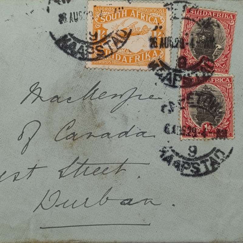 Airmail cover 26/8/1929 Cape Town to Durban with 3 South Africa stamps