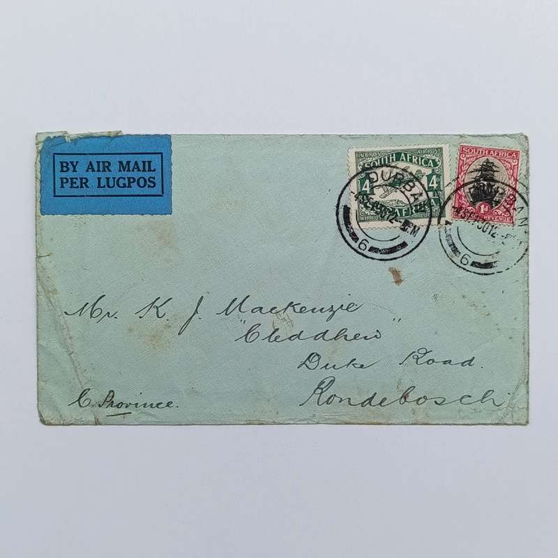 Airmail cover Durban to Rondebosch South Africa 4 Sept 1930 with blue airmail label backstamped