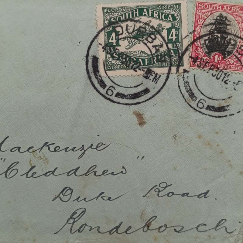Airmail cover Durban to Rondebosch South Africa 4 Sept 1930 with blue airmail label backstamped