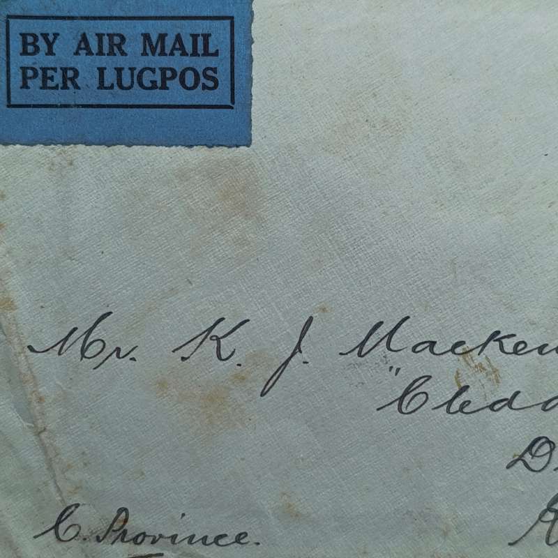 Airmail cover Durban to Rondebosch South Africa 4 Sept 1930 with blue airmail label backstamped