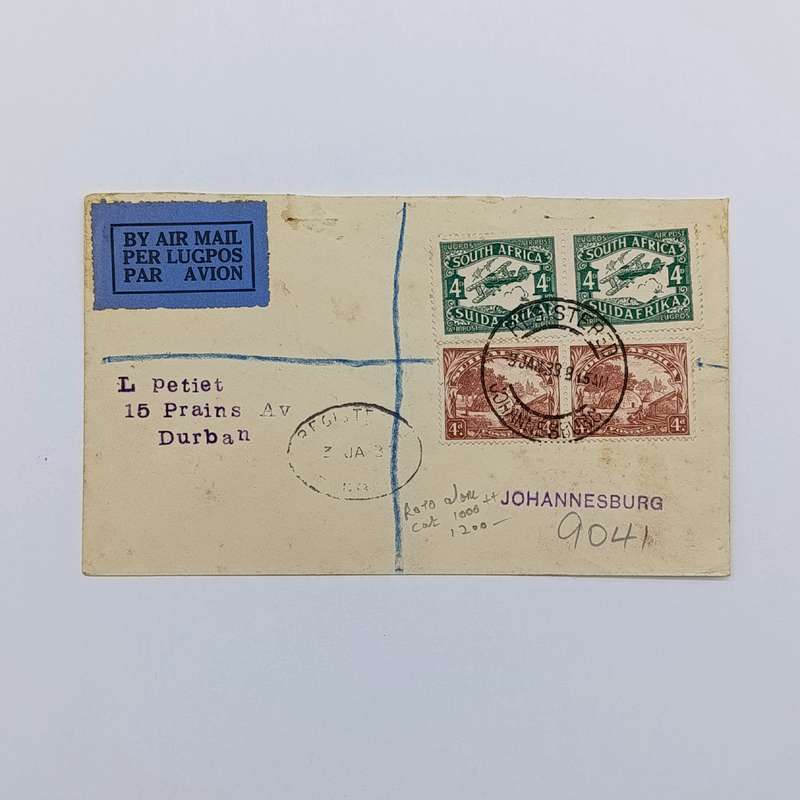 Registered airmail cover flown from Johannesburg to Durban 3 Jan 1933 with SACC 40 and SACC 47