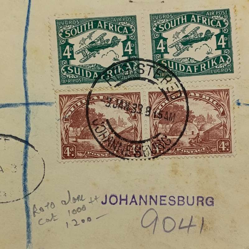 Registered airmail cover flown from Johannesburg to Durban 3 Jan 1933 with SACC 40 and SACC 47