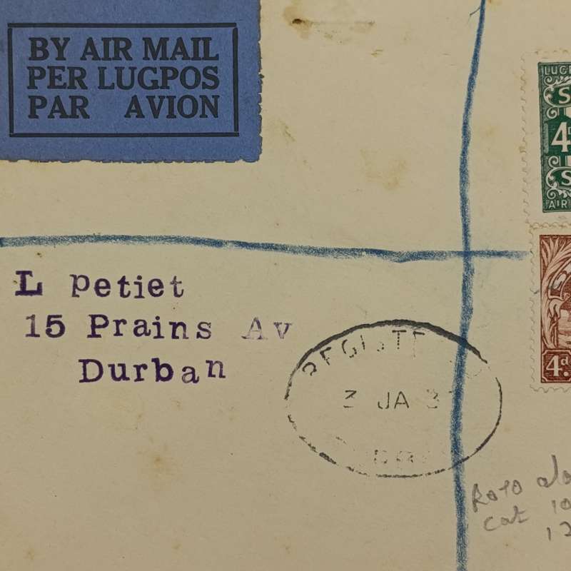 Registered airmail cover flown from Johannesburg to Durban 3 Jan 1933 with SACC 40 and SACC 47