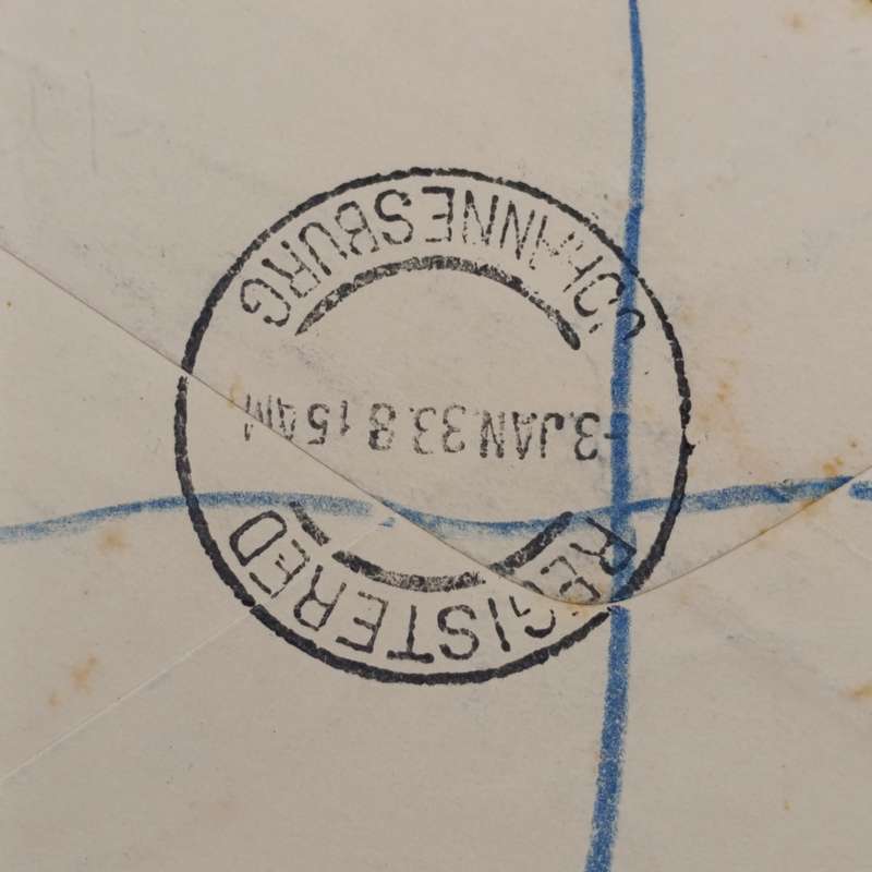 Registered airmail cover flown from Johannesburg to Durban 3 Jan 1933 with SACC 40 and SACC 47