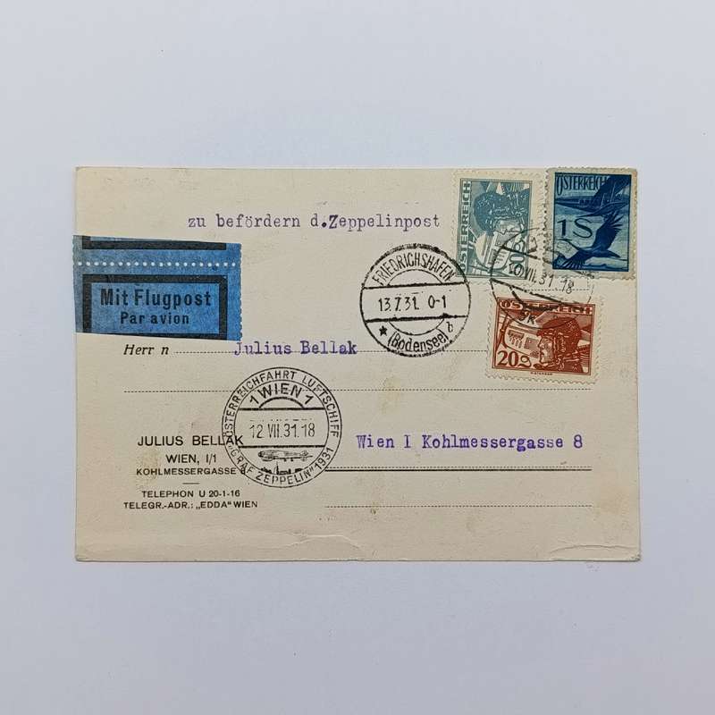 Airmail card flown on Graf Zeppelin from Friedrichshafen Bodenseel to Vienna Austria stamps