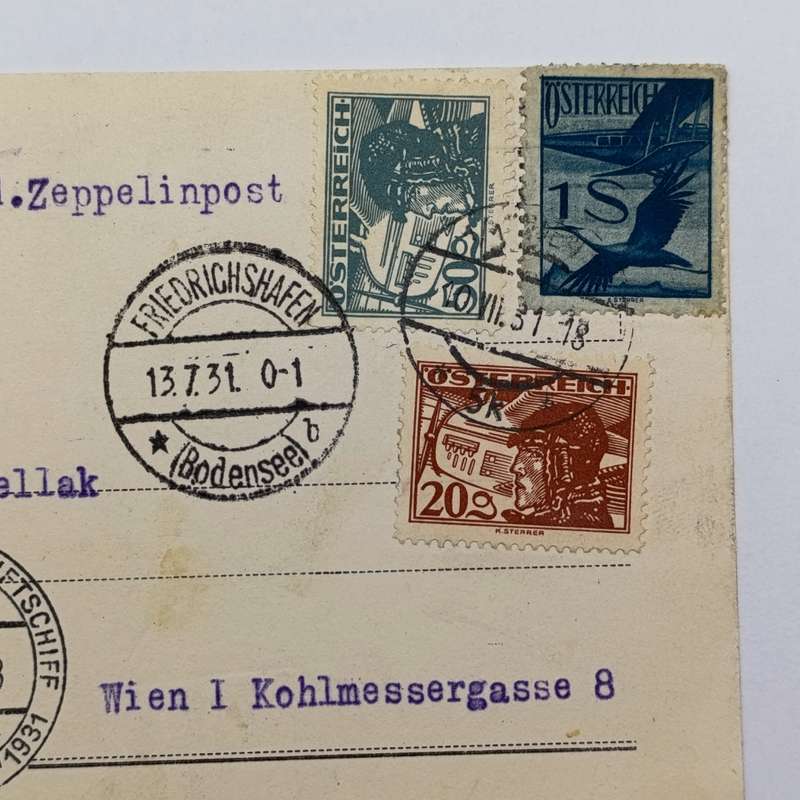 Airmail card flown on Graf Zeppelin from Friedrichshafen Bodenseel to Vienna Austria stamps