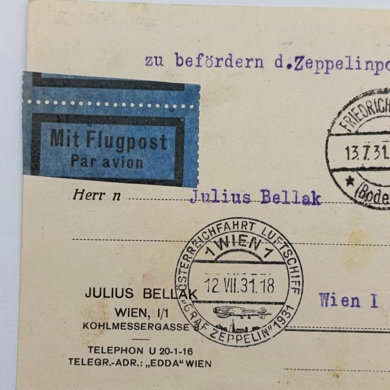Airmail card flown on Graf Zeppelin from Friedrichshafen Bodenseel to Vienna Austria stamps