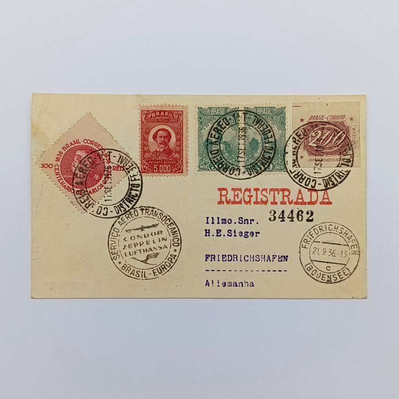 Registered airmail Condor Zeppelin flown card Brazil to Europe 5x Brazil stamps cancelled